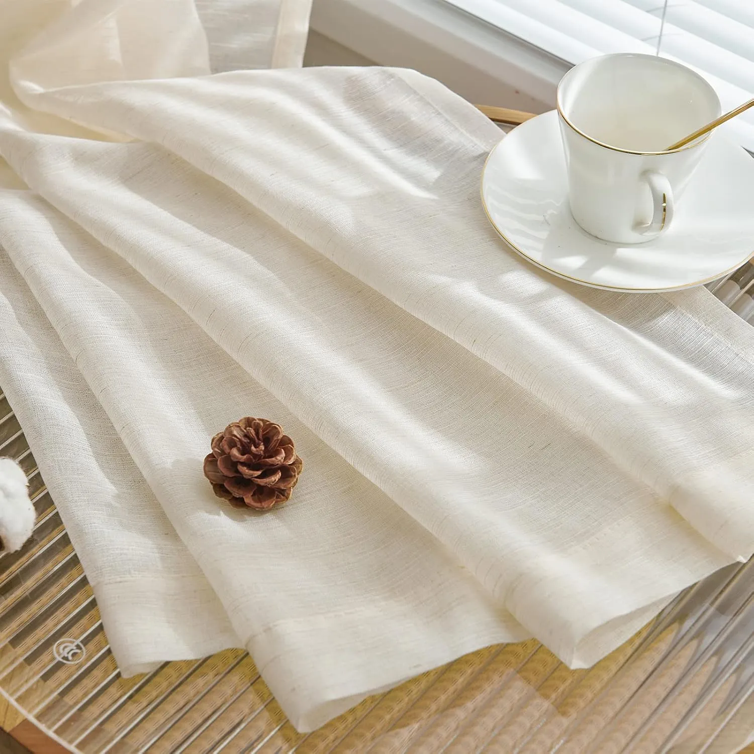 jinchan Linen Blend Sheer Curtains for Living Room 63 Inch Length, Voile Linen Curtains for Bedroom, Light Filtering Farmhouse Window Drapes, Open Weave Drapes Sets Rod Pocket, 2 Panels Crude