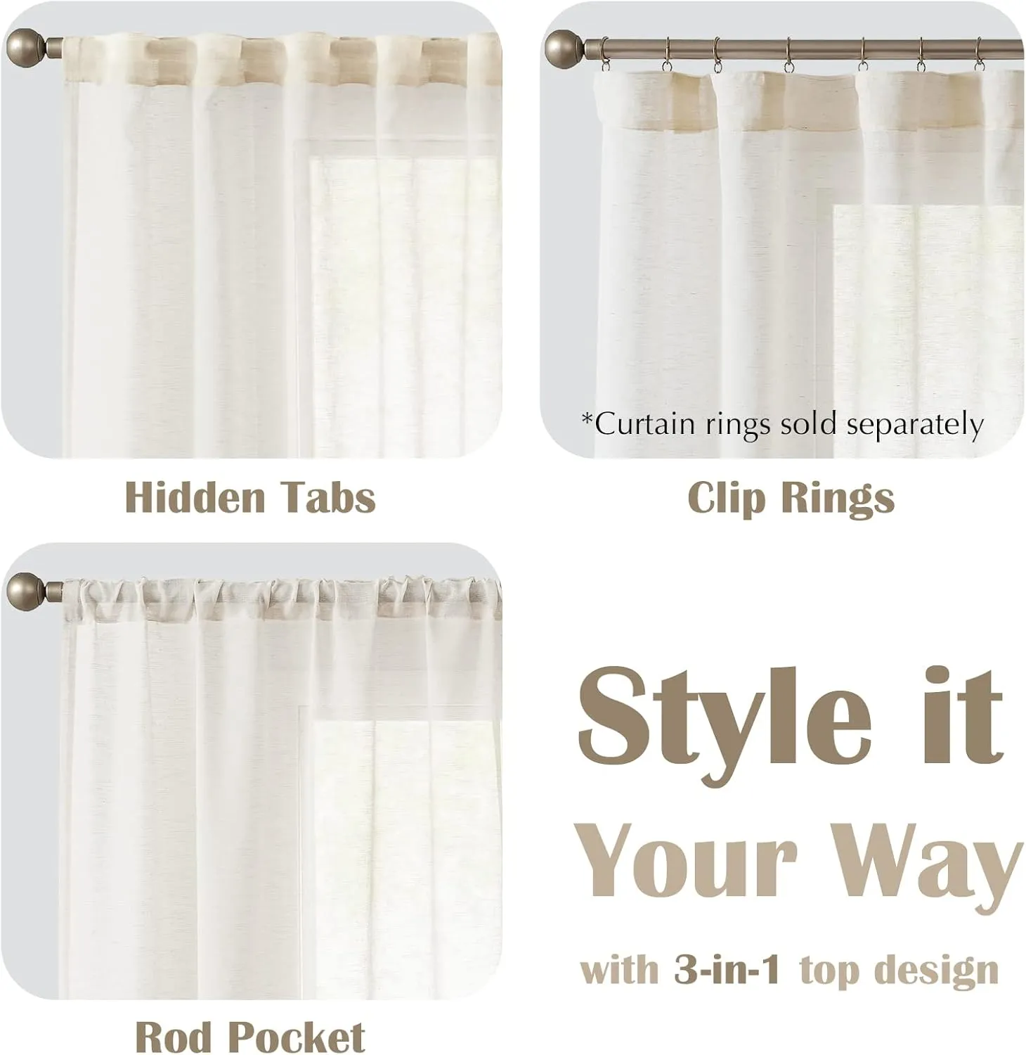 jinchan Linen Blend Sheer Curtains for Living Room 63 Inch Length, Voile Linen Curtains for Bedroom, Light Filtering Farmhouse Window Drapes, Open Weave Drapes Sets Rod Pocket, 2 Panels Crude