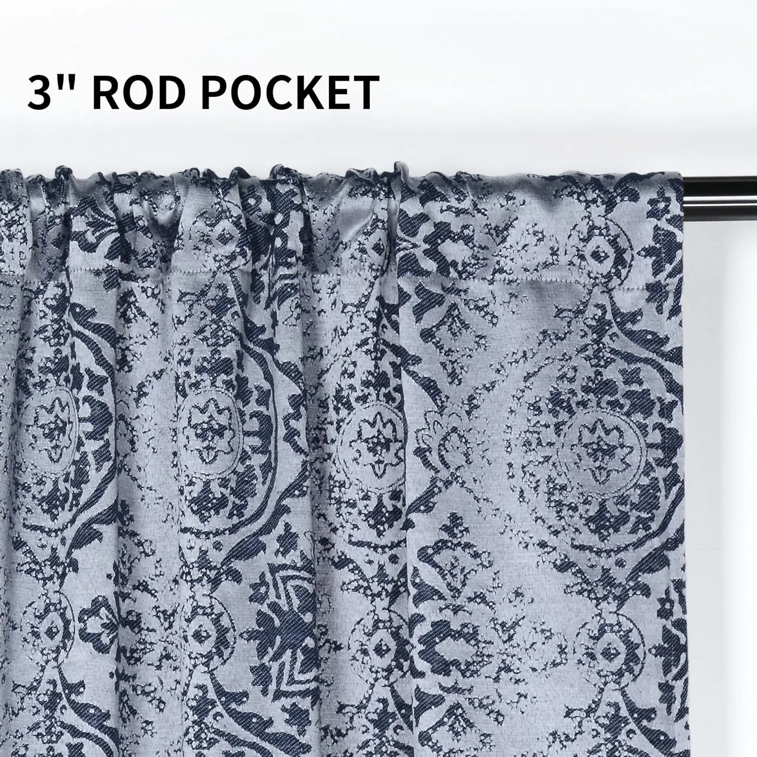 JOOJA Navy Blue Curtains - 63 inch Length, 2 Panels Set, Jacquard Patterned, Semi Blackout Boho Curtains for Bedroom & Living Room