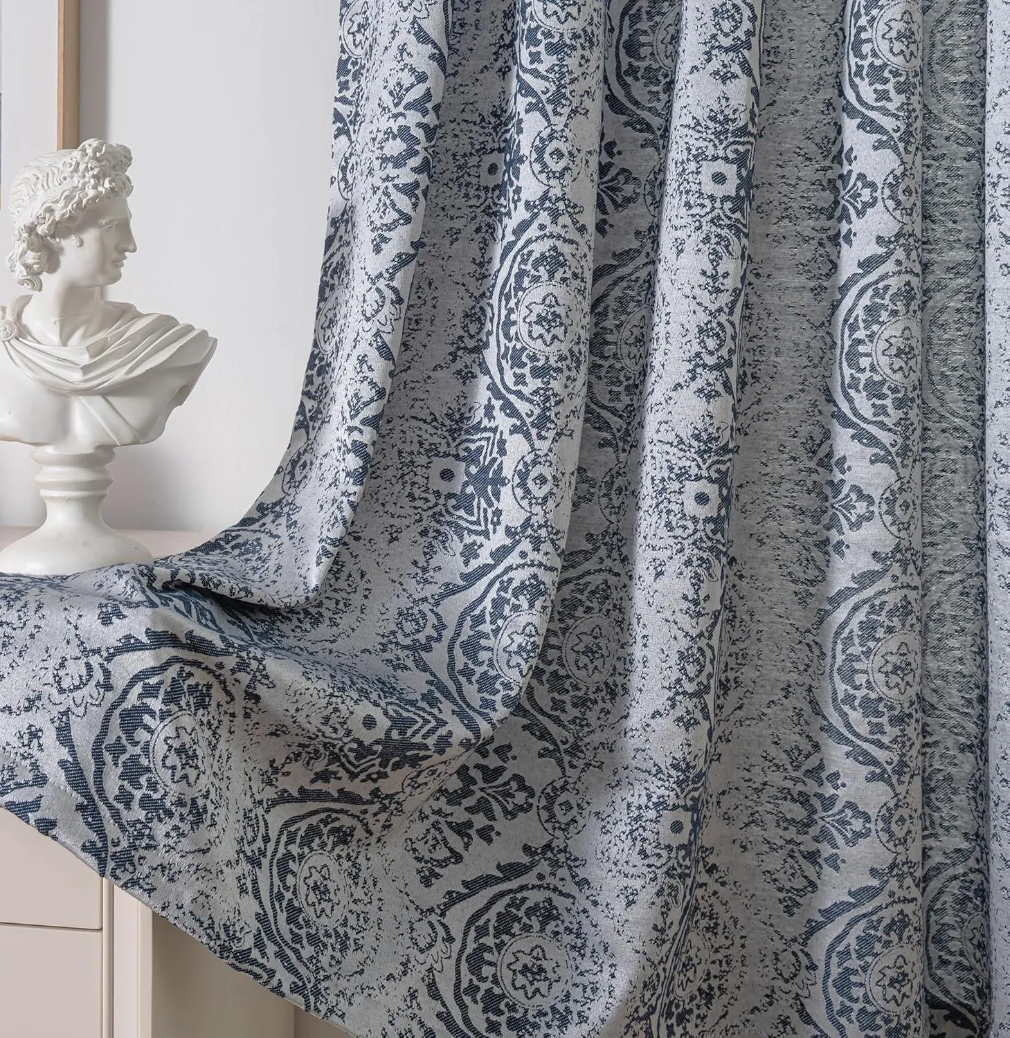 JOOJA Navy Blue Curtains - 63 inch Length, 2 Panels Set, Jacquard Patterned, Semi Blackout Boho Curtains for Bedroom & Living Room