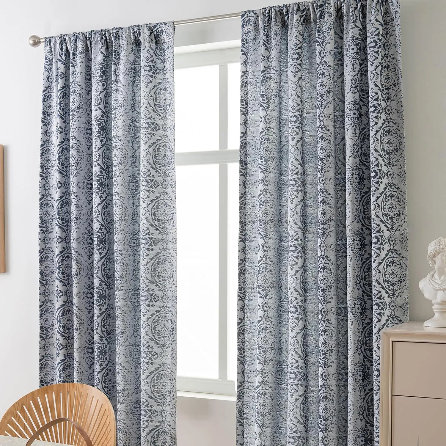 JOOJA Navy Blue Curtains - 63 inch Length, 2 Panels Set, Jacquard Patterned, Semi Blackout Boho Curtains for Bedroom & Living Room