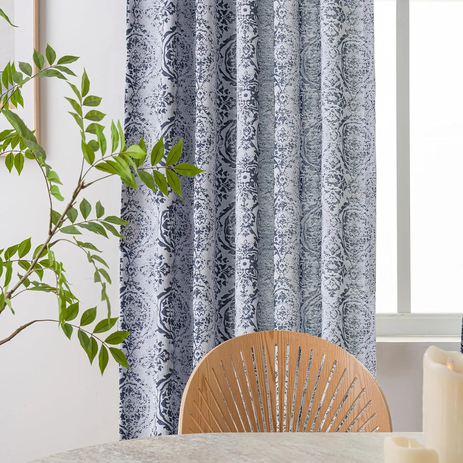 JOOJA Navy Blue Curtains - 63 inch Length, 2 Panels Set, Jacquard Patterned, Semi Blackout Boho Curtains for Bedroom & Living Room