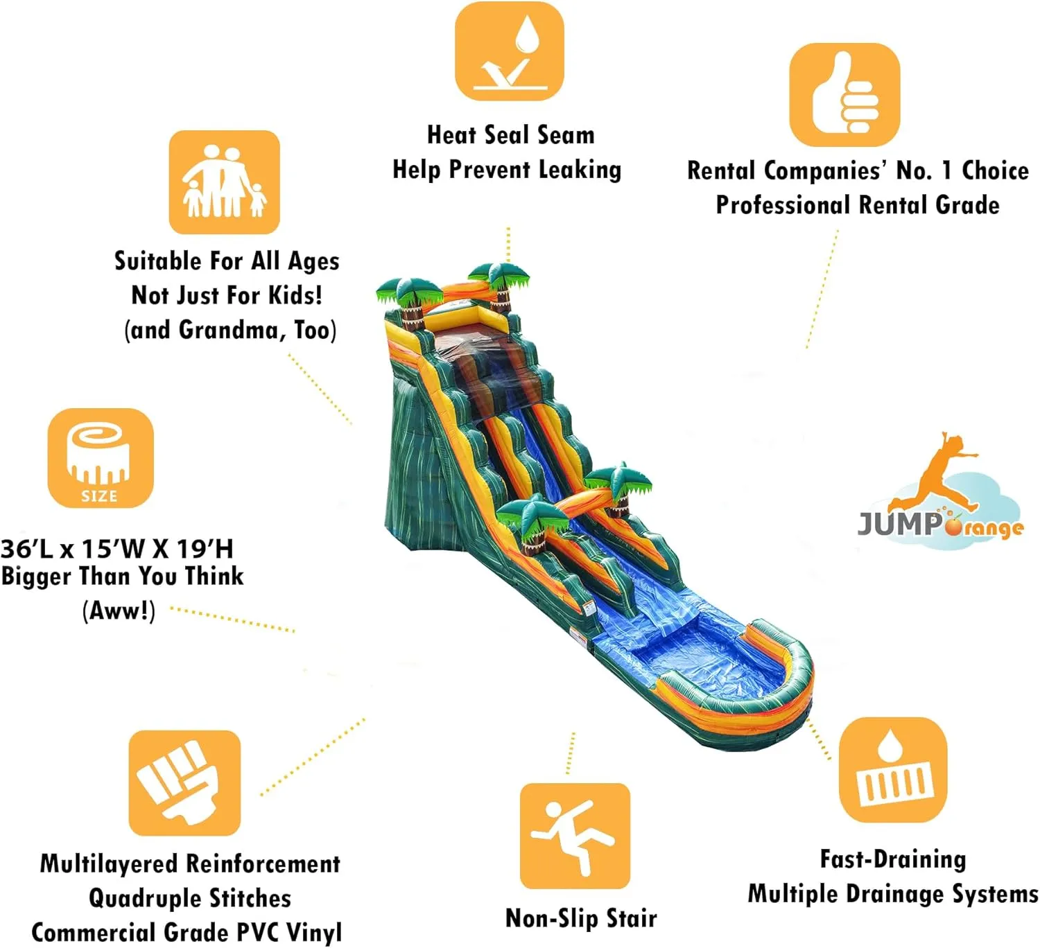 JumpOrange 19’ Cali Palms Commercial Grade Water Slide with Detachable Deep Pool for Kids and Adults (with Blower), Outdoor Indoor, Wet Dry Use, Tall Waterslide Inflatable