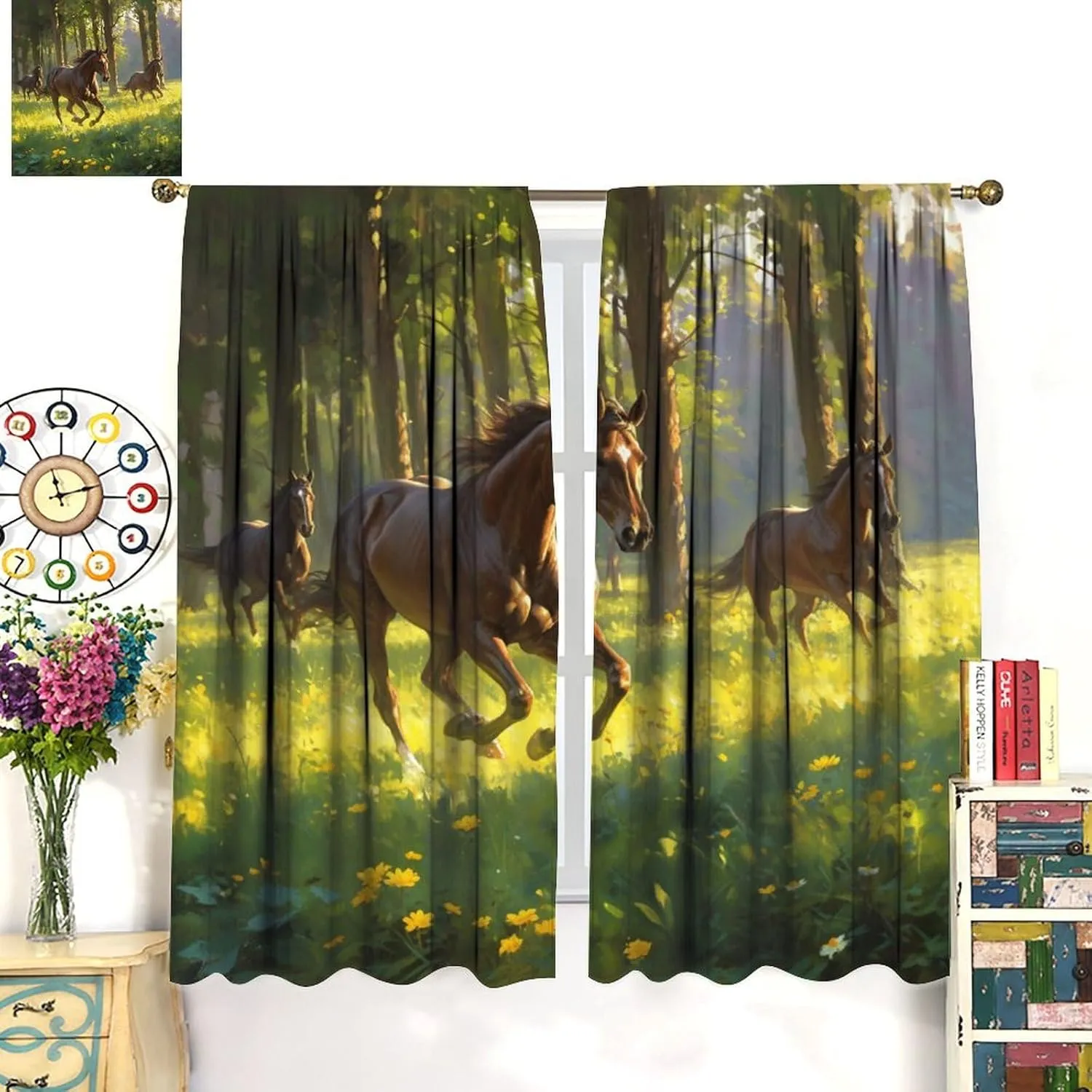 Jungle Stream Landscape Blackout Curtains for Living Room, Woodland Horse Animals Curtains Rod Pocket Thermal Insulated Window Drapes for Bedroom, 2 Panels/Each 31.5" W x 63" L