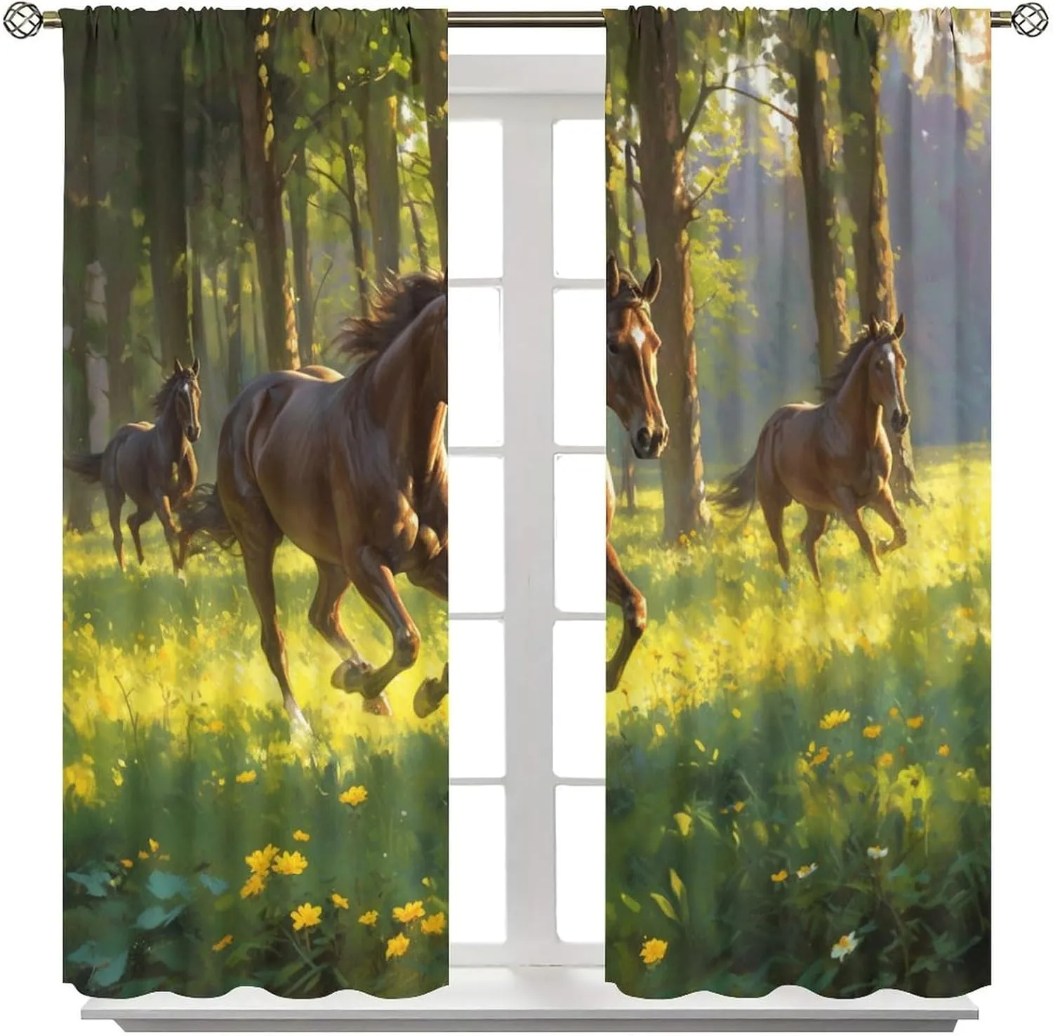 Jungle Stream Landscape Blackout Curtains for Living Room, Woodland Horse Animals Curtains Rod Pocket Thermal Insulated Window Drapes for Bedroom, 2 Panels/Each 31.5" W x 63" L