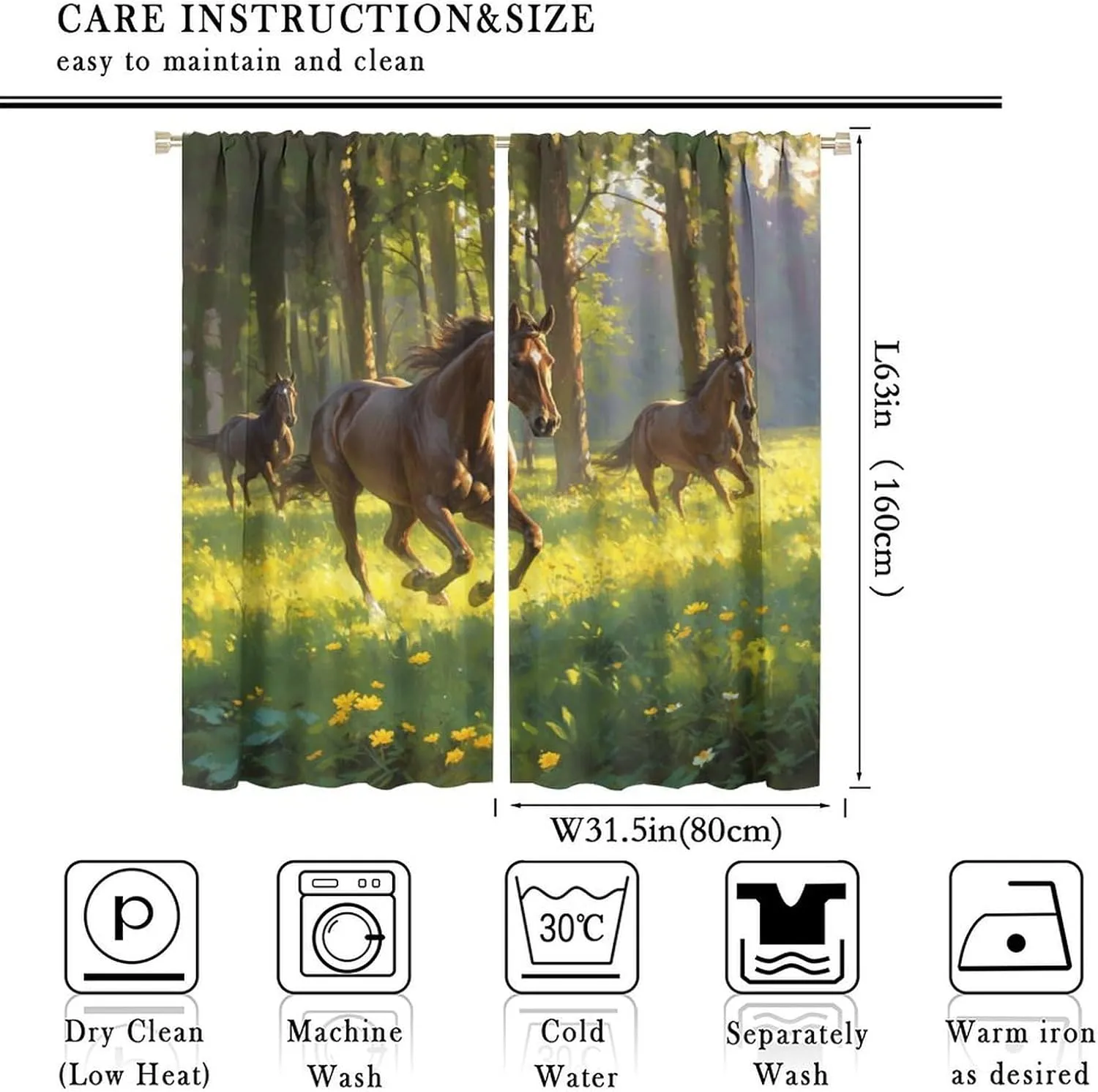 Jungle Stream Landscape Blackout Curtains for Living Room, Woodland Horse Animals Curtains Rod Pocket Thermal Insulated Window Drapes for Bedroom, 2 Panels/Each 31.5" W x 63" L