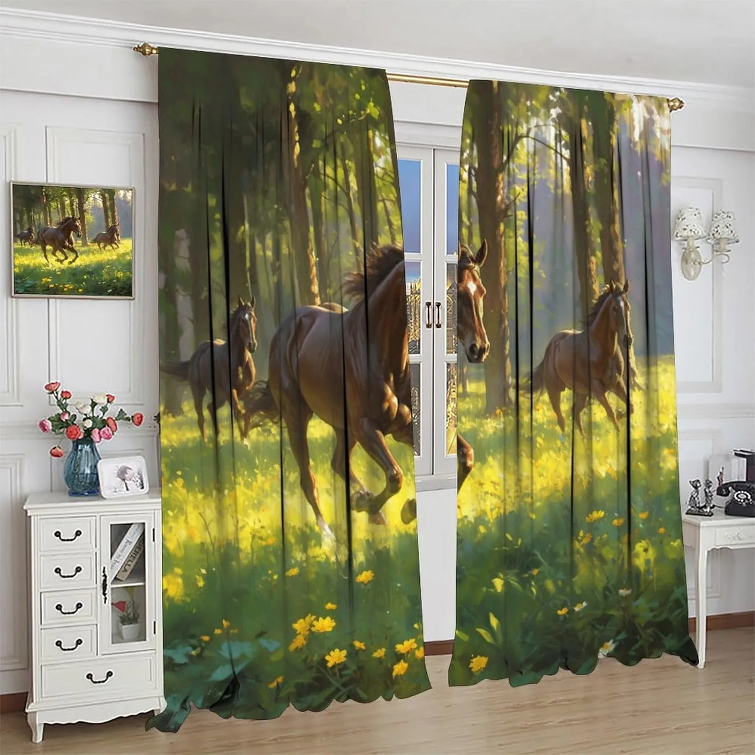 Jungle Stream Landscape Blackout Curtains for Living Room, Woodland Horse Animals Curtains Rod Pocket Thermal Insulated Window Drapes for Bedroom, 2 Panels/Each 31.5" W x 63" L