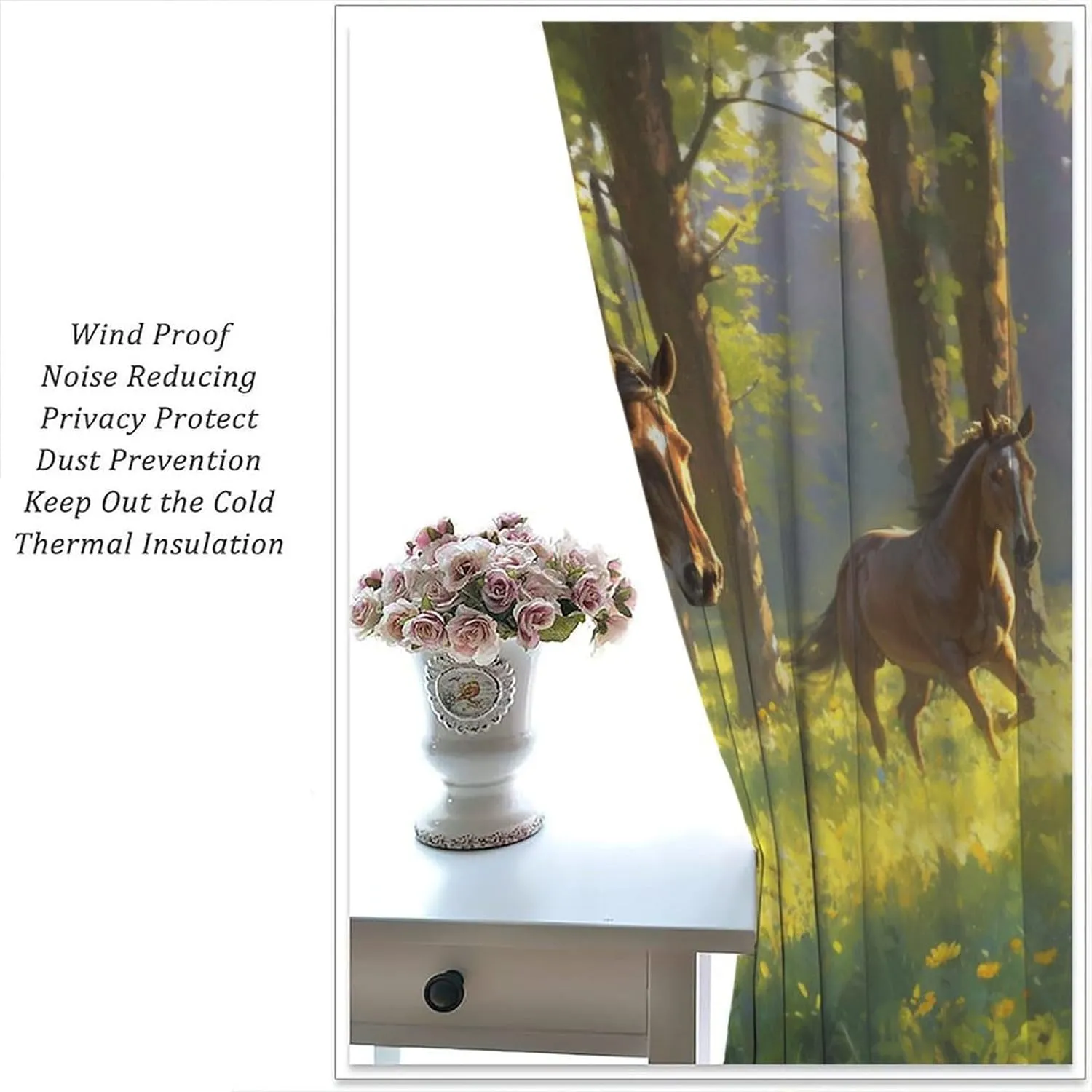 Jungle Stream Landscape Blackout Curtains for Living Room, Woodland Horse Animals Curtains Rod Pocket Thermal Insulated Window Drapes for Bedroom, 2 Panels/Each 31.5" W x 63" L