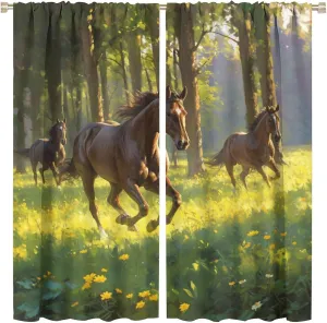 Jungle Stream Landscape Blackout Curtains for Living Room, Woodland Horse Animals Curtains Rod Pocket Thermal Insulated Window Drapes for Bedroom, 2 Panels/Each 31.5" W x 63" L