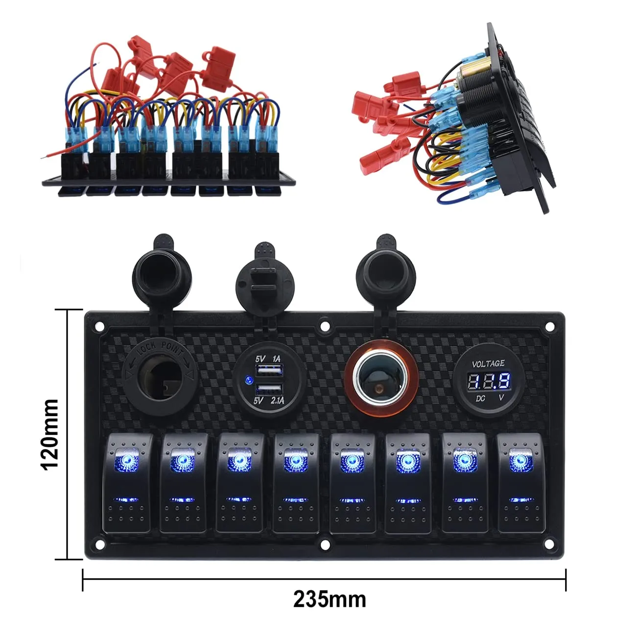 KAOLALI 8 Gang Boat Rocker Switch Panel 12V Aluminum Switch Panel Marine Toggle Switches with Circuit Breaker 3.1A USB Charger Cigarette Lighter Socket Voltmeter for RV Car Vehicles Truck Boat
