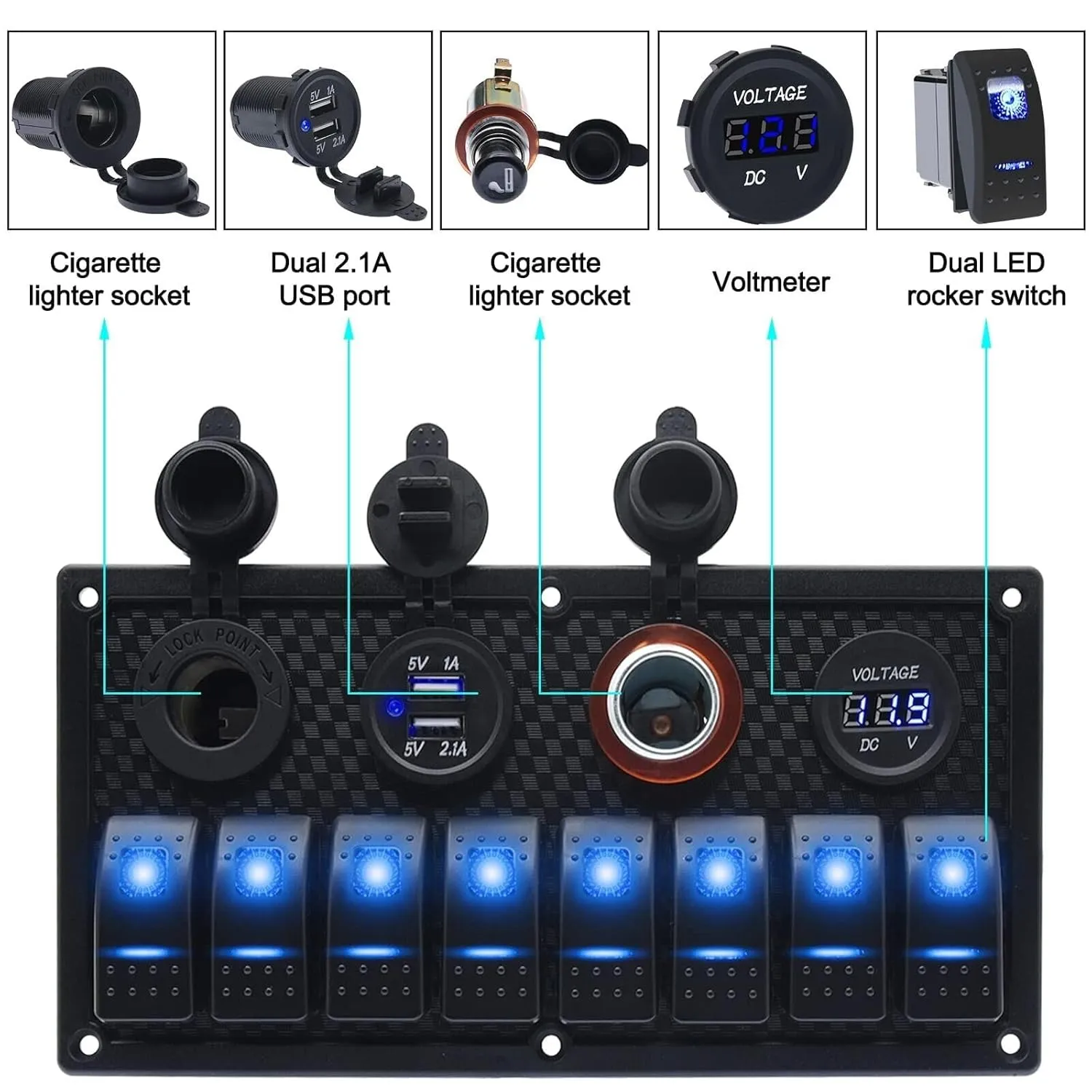 KAOLALI 8 Gang Boat Rocker Switch Panel 12V Aluminum Switch Panel Marine Toggle Switches with Circuit Breaker 3.1A USB Charger Cigarette Lighter Socket Voltmeter for RV Car Vehicles Truck Boat