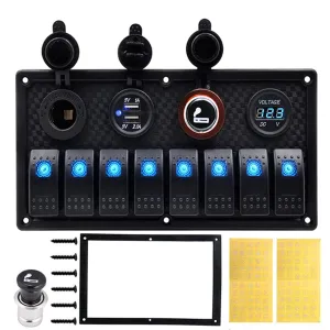 KAOLALI 8 Gang Boat Rocker Switch Panel 12V Aluminum Switch Panel Marine Toggle Switches with Circuit Breaker 3.1A USB Charger Cigarette Lighter Socket Voltmeter for RV Car Vehicles Truck Boat