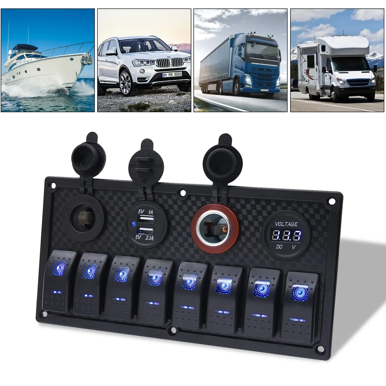 KAOLALI 8 Gang Boat Rocker Switch Panel 12V Aluminum Switch Panel Marine Toggle Switches with Circuit Breaker 3.1A USB Charger Cigarette Lighter Socket Voltmeter for RV Car Vehicles Truck Boat