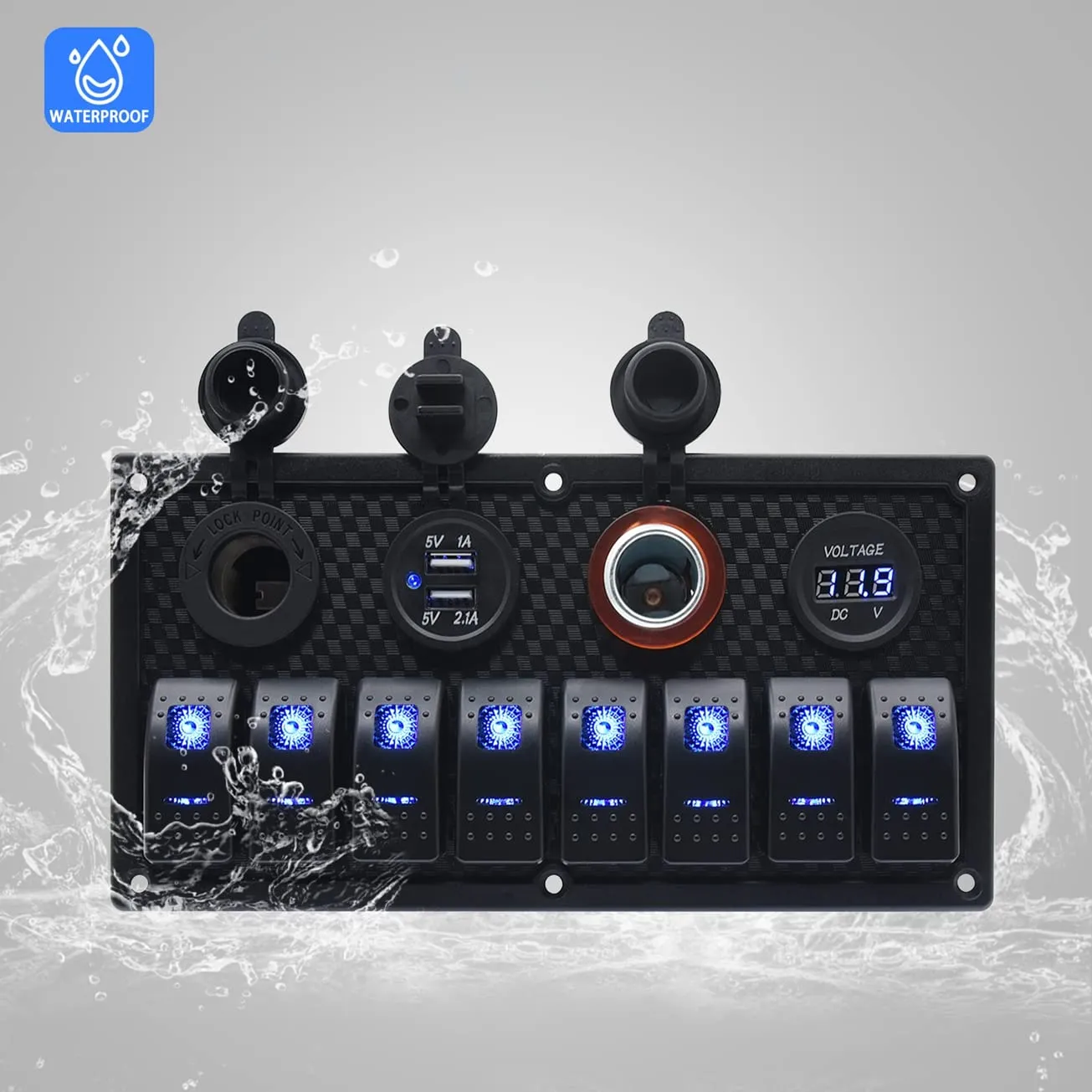 KAOLALI 8 Gang Boat Rocker Switch Panel 12V Aluminum Switch Panel Marine Toggle Switches with Circuit Breaker 3.1A USB Charger Cigarette Lighter Socket Voltmeter for RV Car Vehicles Truck Boat