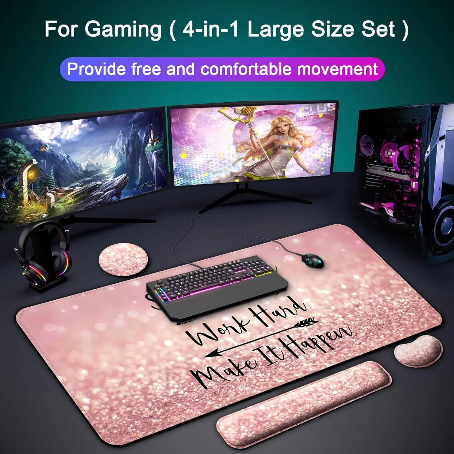 Keyboard Wrist Rest   Mouse Pad with Wrist Support   Desk Mat   Coaster 4 in 1 Set, XXL Large Gaming Mousepad Cute Ergonomic Mouse Pads for Desk Computer Laptop Office Decor-Pink Words
