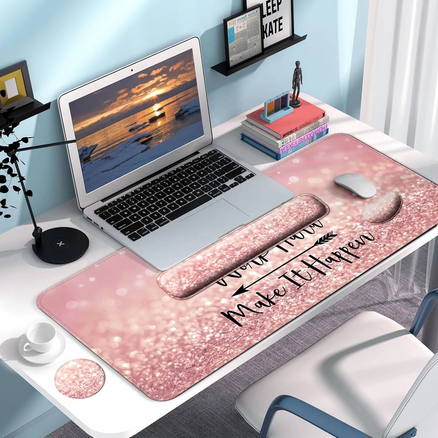 Keyboard Wrist Rest   Mouse Pad with Wrist Support   Desk Mat   Coaster 4 in 1 Set, XXL Large Gaming Mousepad Cute Ergonomic Mouse Pads for Desk Computer Laptop Office Decor-Pink Words