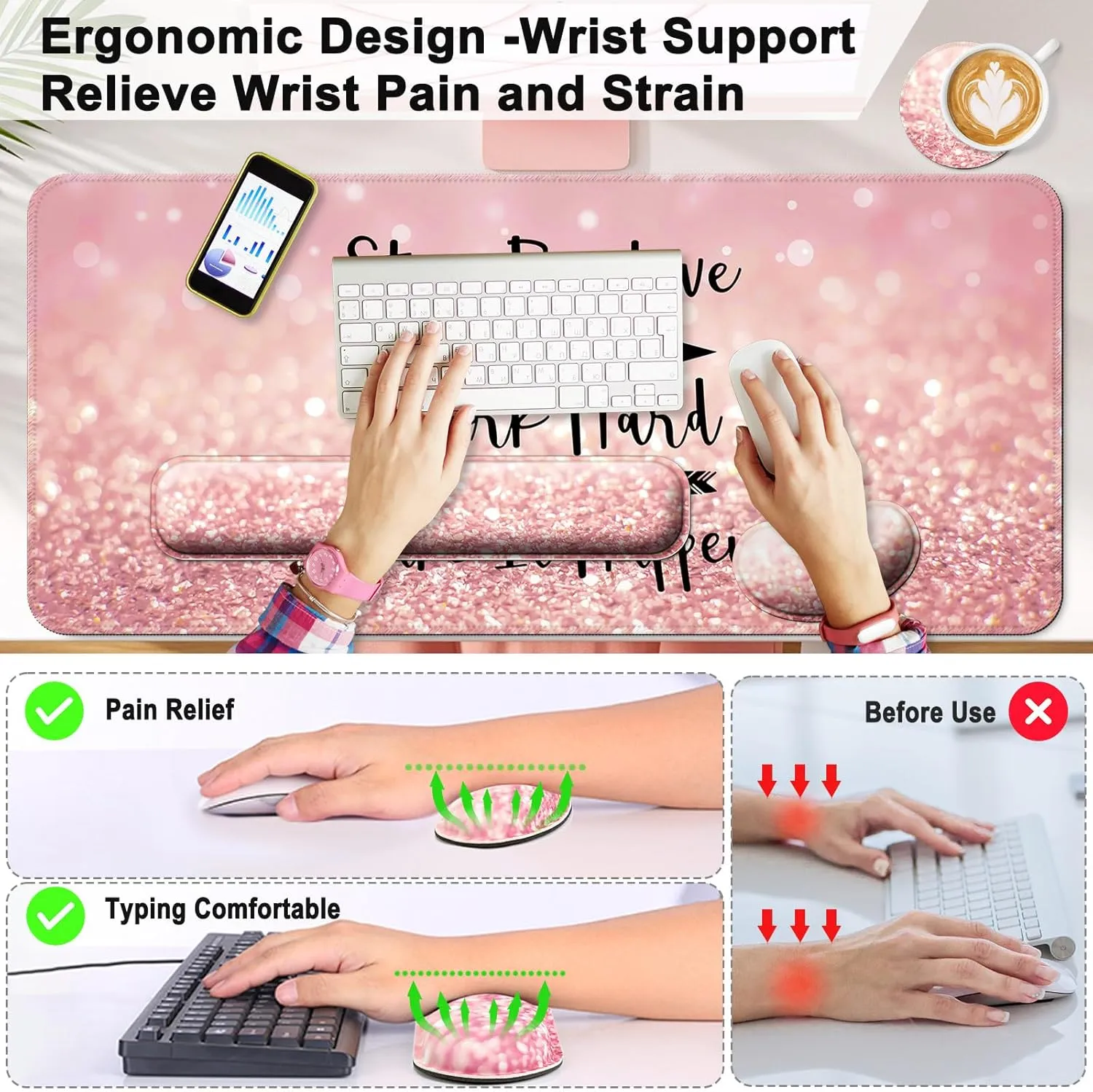Keyboard Wrist Rest   Mouse Pad with Wrist Support   Desk Mat   Coaster 4 in 1 Set, XXL Large Gaming Mousepad Cute Ergonomic Mouse Pads for Desk Computer Laptop Office Decor-Pink Words