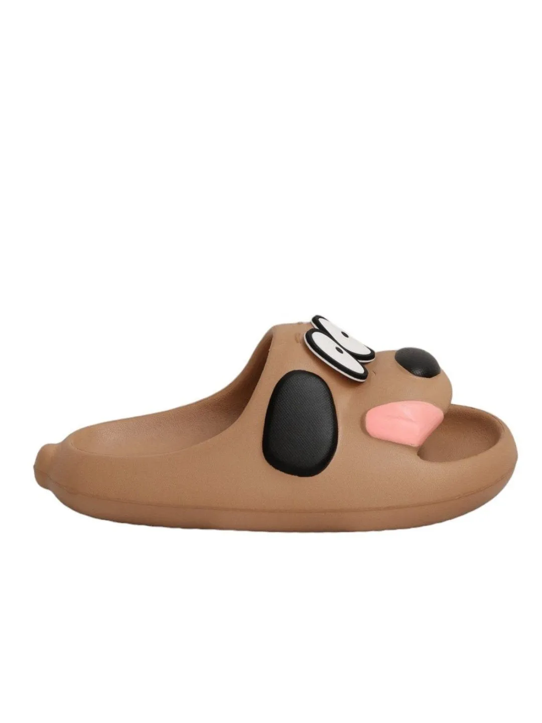 Kids' Sliders with Playful Puppy Face Print,  Brown