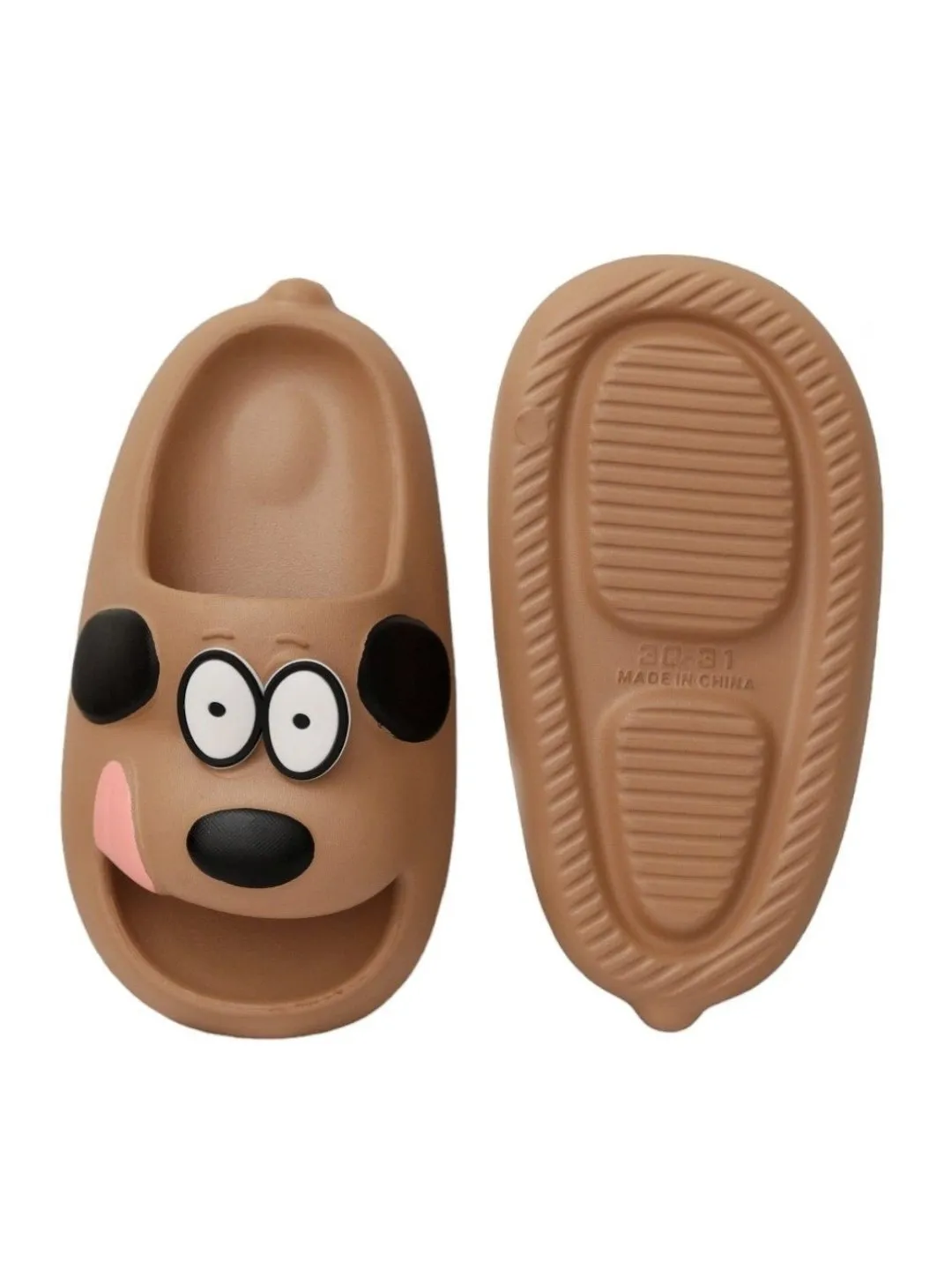Kids' Sliders with Playful Puppy Face Print,  Brown