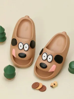 Kids' Sliders with Playful Puppy Face Print,  Brown