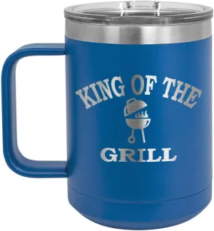 King Of The Grill BLUE 15 oz Coffee Cup w/Slide Top Lid | Insulated Travel Coffee Mug | BBQ & Grilling Gift Idea For Men Who Have Everything, Dad & Grandpa | Compare To Yeti Rambler | ONLYGIFTS.COM
