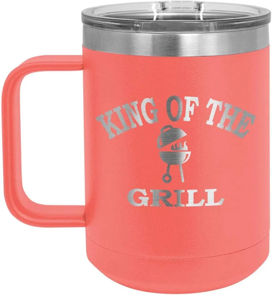 King Of The Grill CORAL 15 oz Coffee Cup w/Slide Top Lid | Insulated Travel Coffee Mug | BBQ & Grilling Gift Idea For Men Who Have Everything, Dad & Grandpa | Compare To Yeti Rambler | ONLYGIFTS.COM
