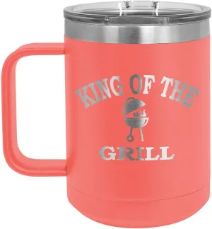 King Of The Grill CORAL 15 oz Coffee Cup w/Slide Top Lid | Insulated Travel Coffee Mug | BBQ & Grilling Gift Idea For Men Who Have Everything, Dad & Grandpa | Compare To Yeti Rambler | ONLYGIFTS.COM