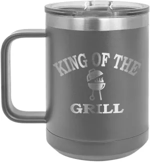King Of The Grill GRAY 15 oz Coffee Cup w/Slide Top Lid | Insulated Travel Coffee Mug | BBQ & Grilling Gift Idea For Men Who Have Everything, Dad & Grandpa | Compare To Yeti Rambler | ONLYGIFTS.COM