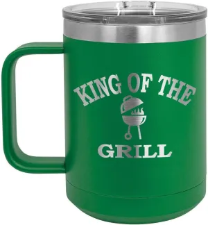 King Of The Grill GREEN 15 oz Coffee Cup w/Slide Top Lid | Insulated Travel Coffee Mug | BBQ & Grilling Gift Idea For Men Who Have Everything, Dad & Grandpa | Compare To Yeti Rambler | ONLYGIFTS.COM