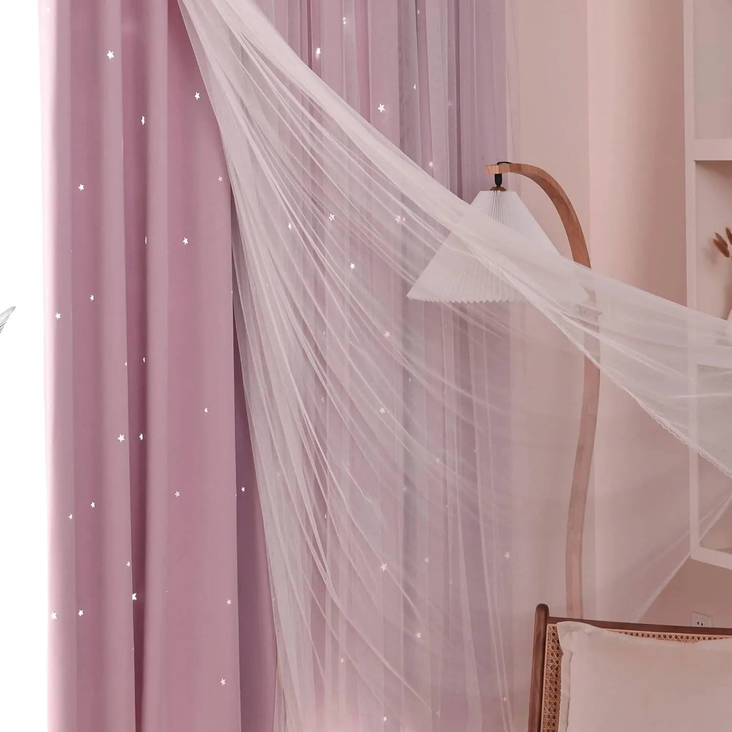 Kinryb Princess Curtains for Girls Bedroom with Sheer Overlay,Double Layer Curtain for Living Room with Star Cutout, Curtains for Kids Room (52 W*63 L Inches, Pink)
