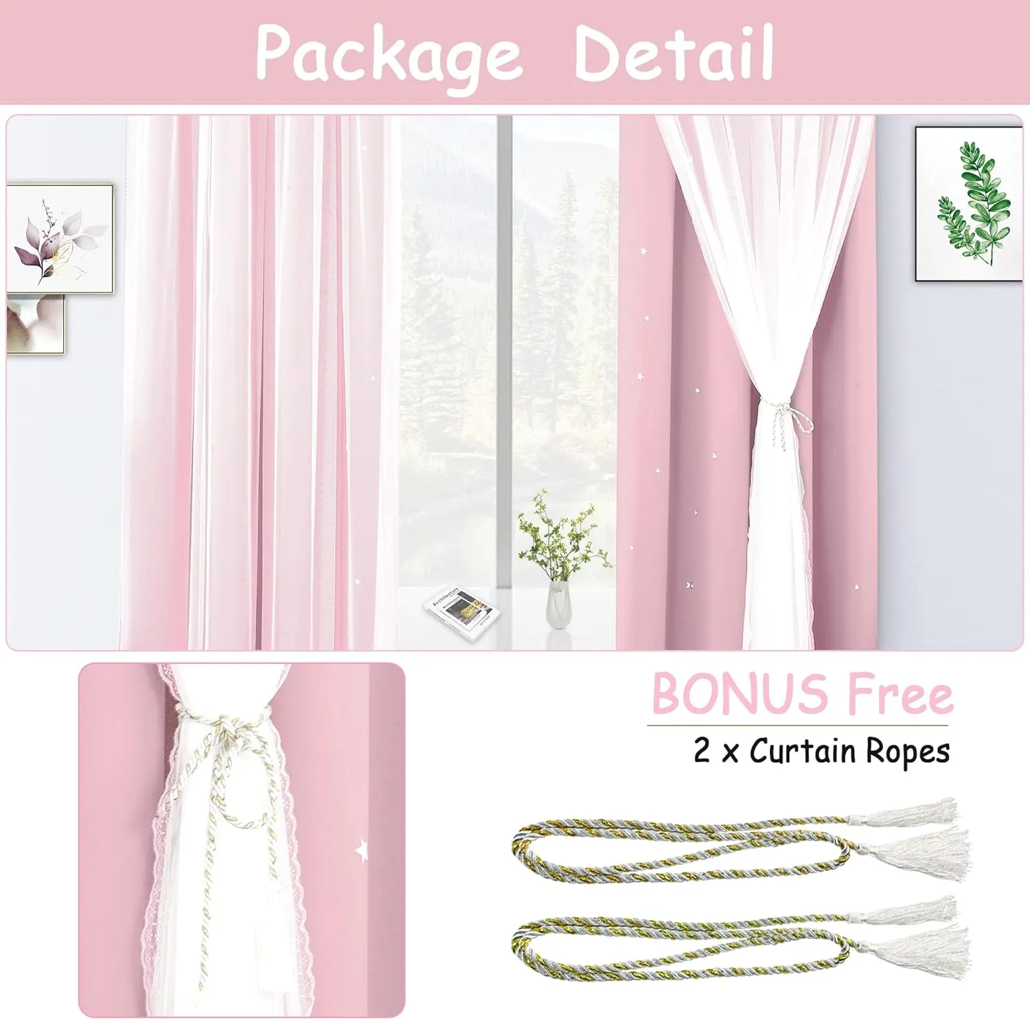 Kinryb Princess Curtains for Girls Bedroom with Sheer Overlay,Double Layer Curtain for Living Room with Star Cutout, Curtains for Kids Room (52 W*63 L Inches, Pink)
