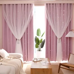 Kinryb Princess Curtains for Girls Bedroom with Sheer Overlay,Double Layer Curtain for Living Room with Star Cutout, Curtains for Kids Room (52 W*63 L Inches, Pink)