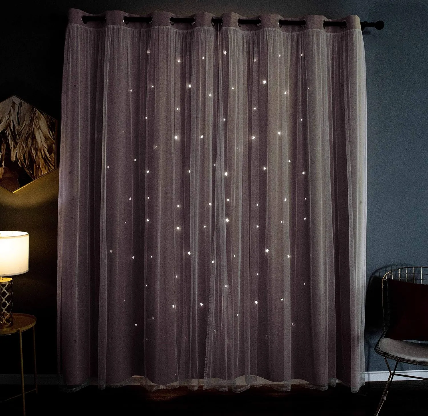 Kinryb Princess Curtains for Girls Bedroom with Sheer Overlay,Double Layer Curtain for Living Room with Star Cutout, Curtains for Kids Room (52 W*63 L Inches, Pink)