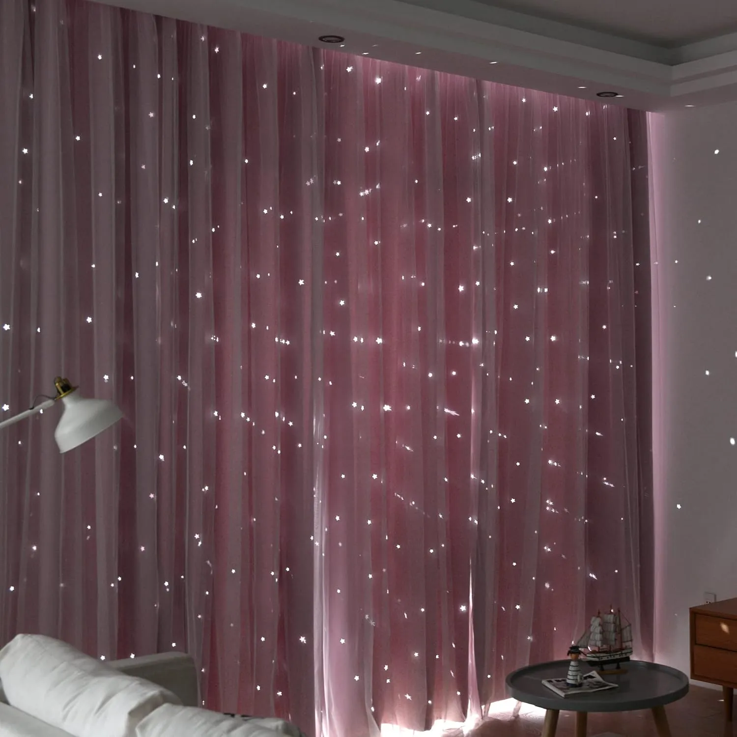 Kinryb Princess Curtains for Girls Bedroom with Sheer Overlay,Double Layer Curtain for Living Room with Star Cutout, Curtains for Kids Room (52 W*63 L Inches, Pink)
