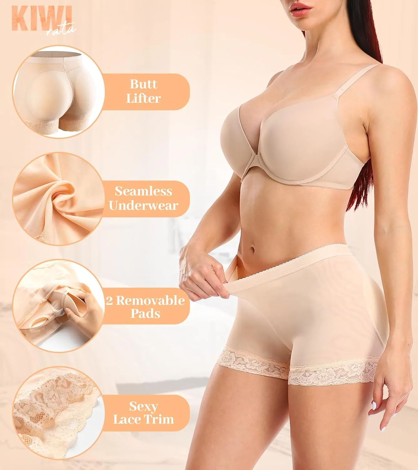 KIWI RATA Womens Seamless Butt Lifter Padded Lace Panties Enhancer Underwear