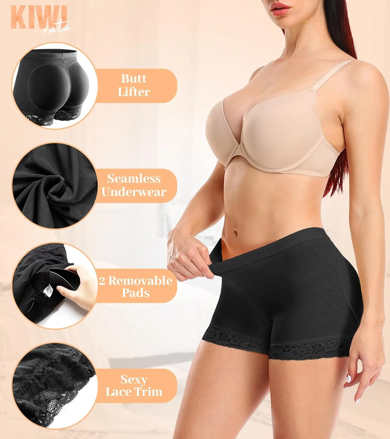 KIWI RATA Womens Seamless Butt Lifter Padded Lace Panties Enhancer Underwear
