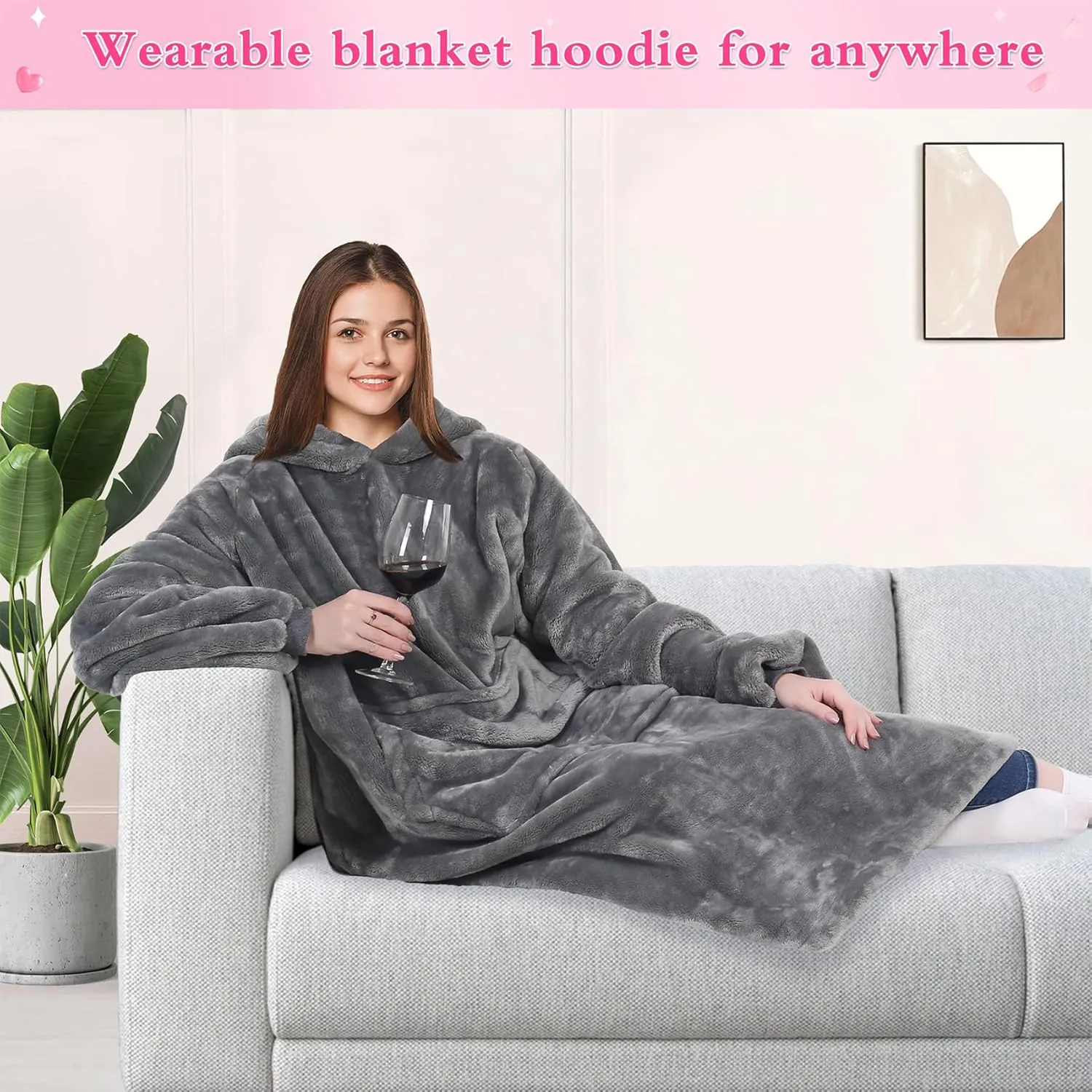 KPBLIS Wearable Blanket Hoodies Gifts for Women and Men, Oversized Wearable Hoody Blanket Sweatshirt, Cozy and Warm Wearable Fleece Blanket with Sleeves and Giant Pocket for Adults, Gray