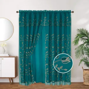 Kylie Embroidered Rod Pocket Window Panel with Attached Valance and Backing, 2 Ply Curtain with Beautiful Embroidered Tulip Design, and Satin Backing, 54x90 Inches (Teal)