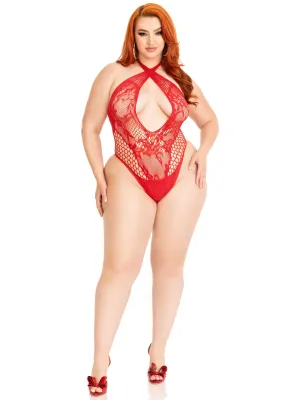 Lace and Net Keyhole Crossover Halter Teddy - 1x/2x - Red