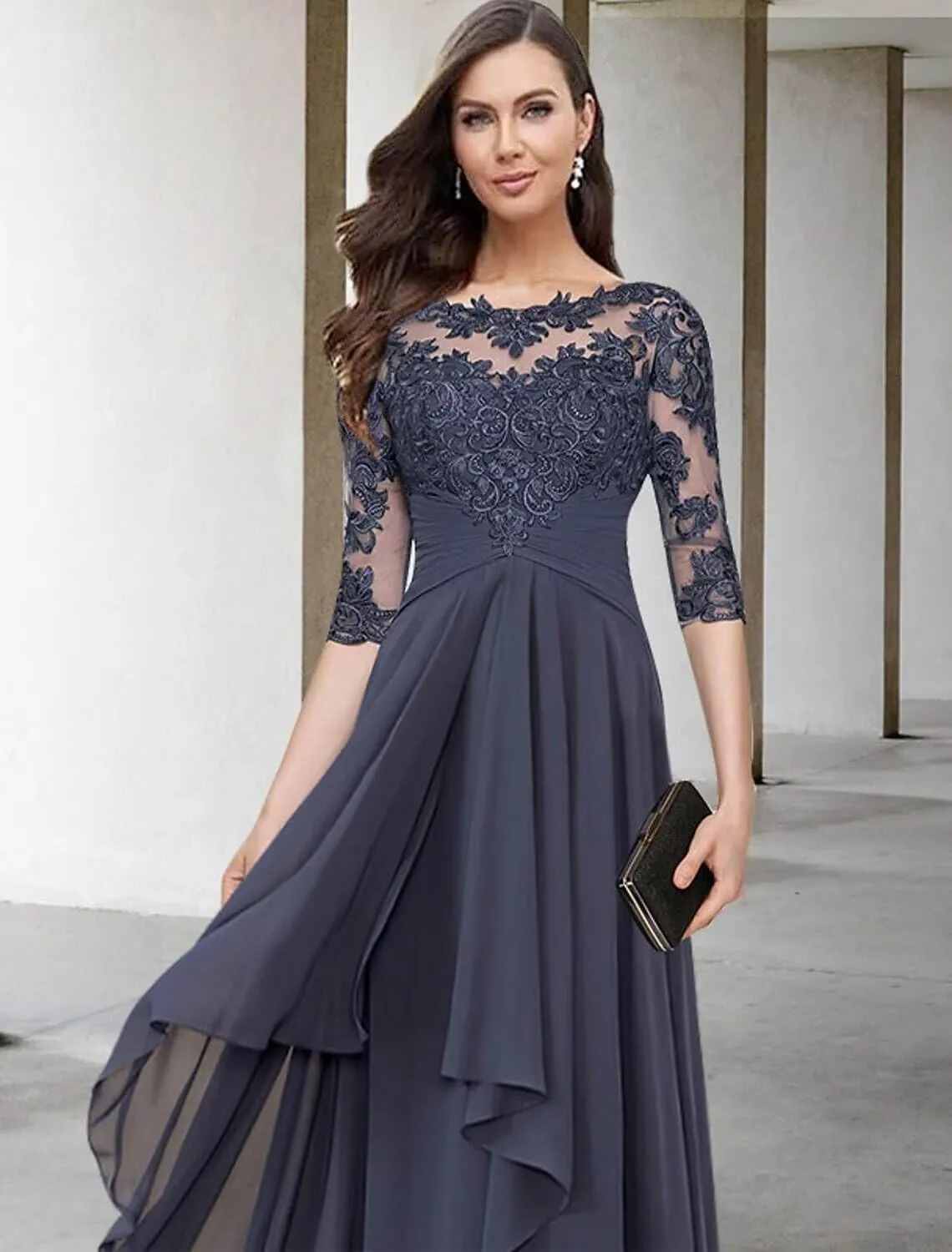 Lace Applique Mother of The Bride Dresses with 3/4 Sleeve Empire Waist Ruched Chiffon Formal Dresses for Wedding Guest