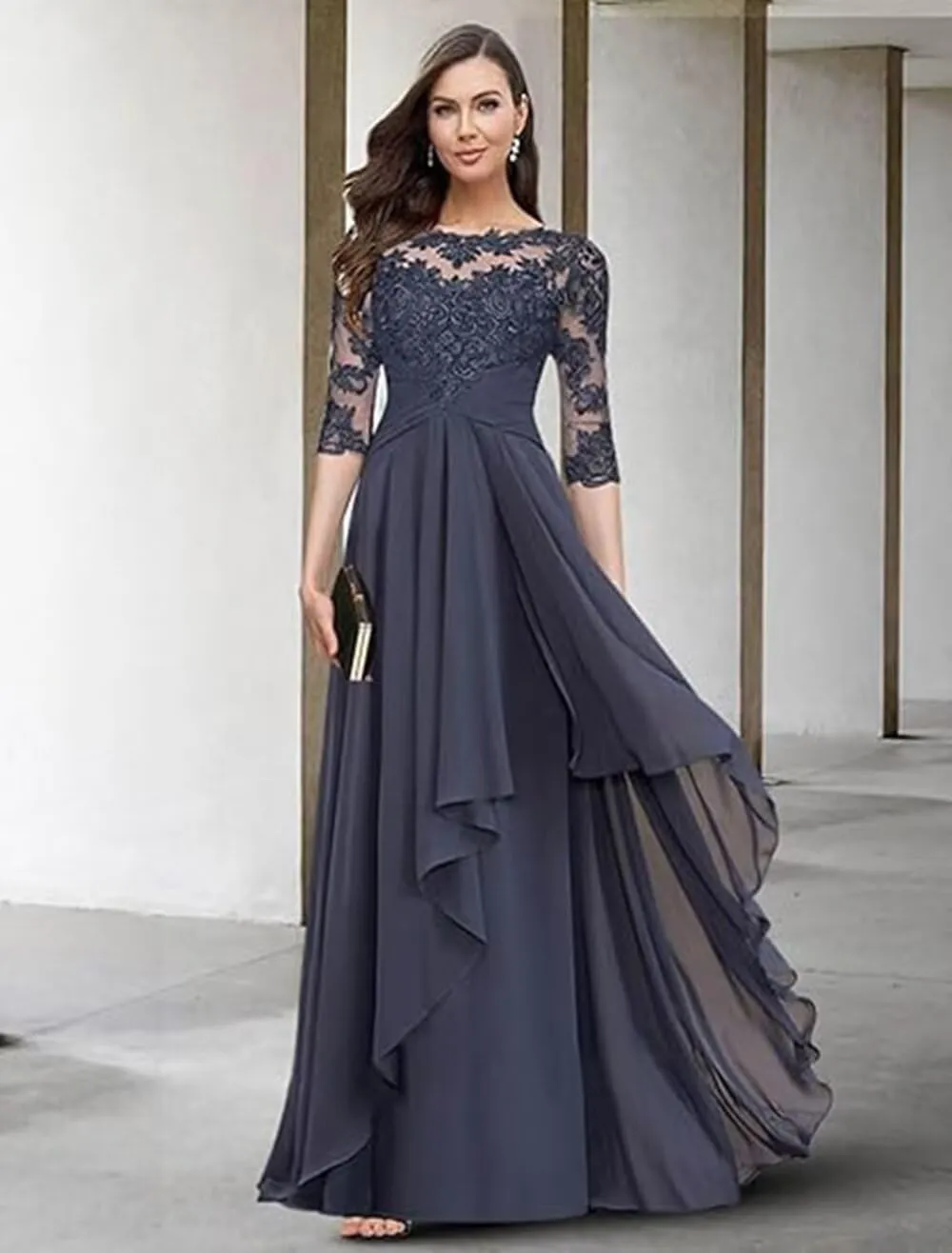 Lace Applique Mother of The Bride Dresses with 3/4 Sleeve Empire Waist Ruched Chiffon Formal Dresses for Wedding Guest