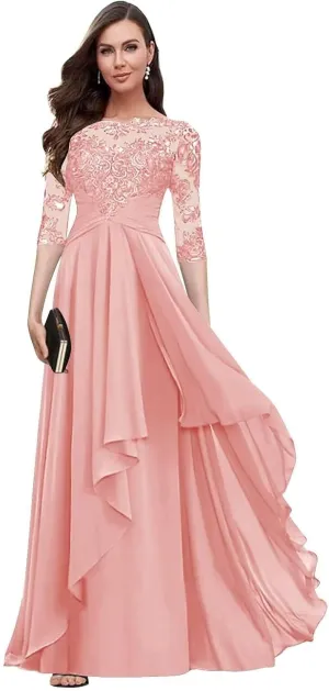 Lace Applique Mother of The Bride Dresses with 3/4 Sleeve Empire Waist Ruched Chiffon Formal Dresses for Wedding Guest