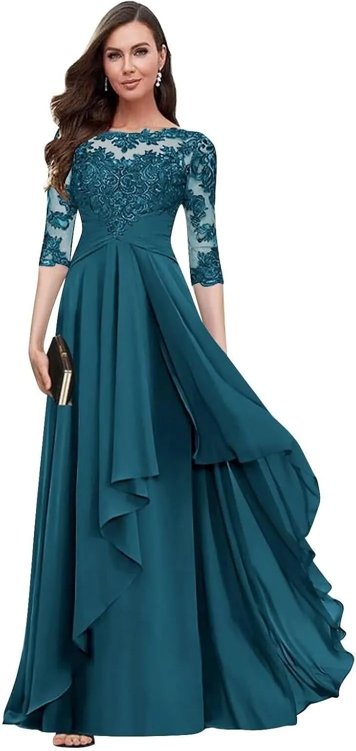 Lace Applique Mother of The Bride Dresses with 3/4 Sleeve Empire Waist Ruched Chiffon Formal Dresses for Wedding Guest
