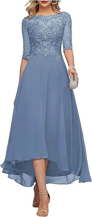 Lace Appliques Mother of The Bride Dress 3/4 Sleeves A line Tea Length Chiffon Formal Wedding Party Prom Gowns for Women