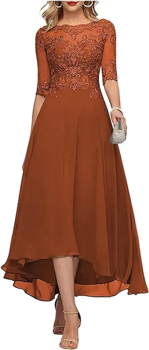 Lace Appliques Mother of The Bride Dress 3/4 Sleeves A line Tea Length Chiffon Formal Wedding Party Prom Gowns for Women