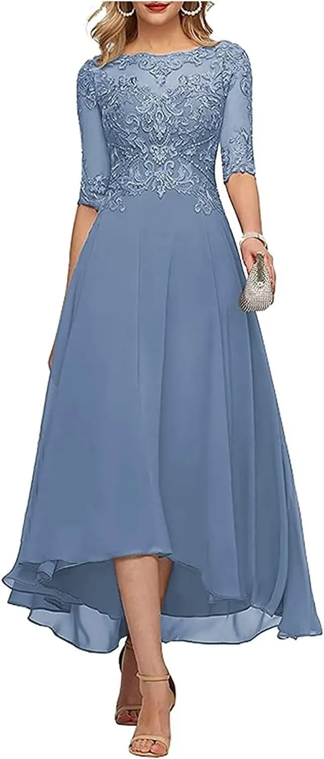 Lace Appliques Mother of The Bride Dress 3/4 Sleeves A line Tea Length Chiffon Formal Wedding Party Prom Gowns for Women