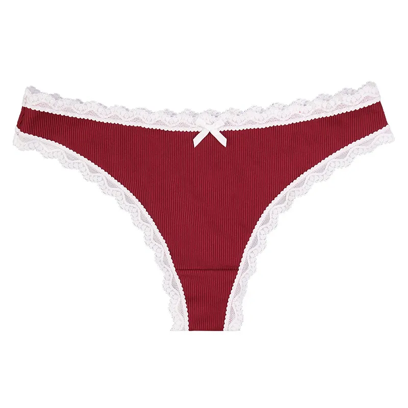 Lace Trim Ribbed Thong Panty