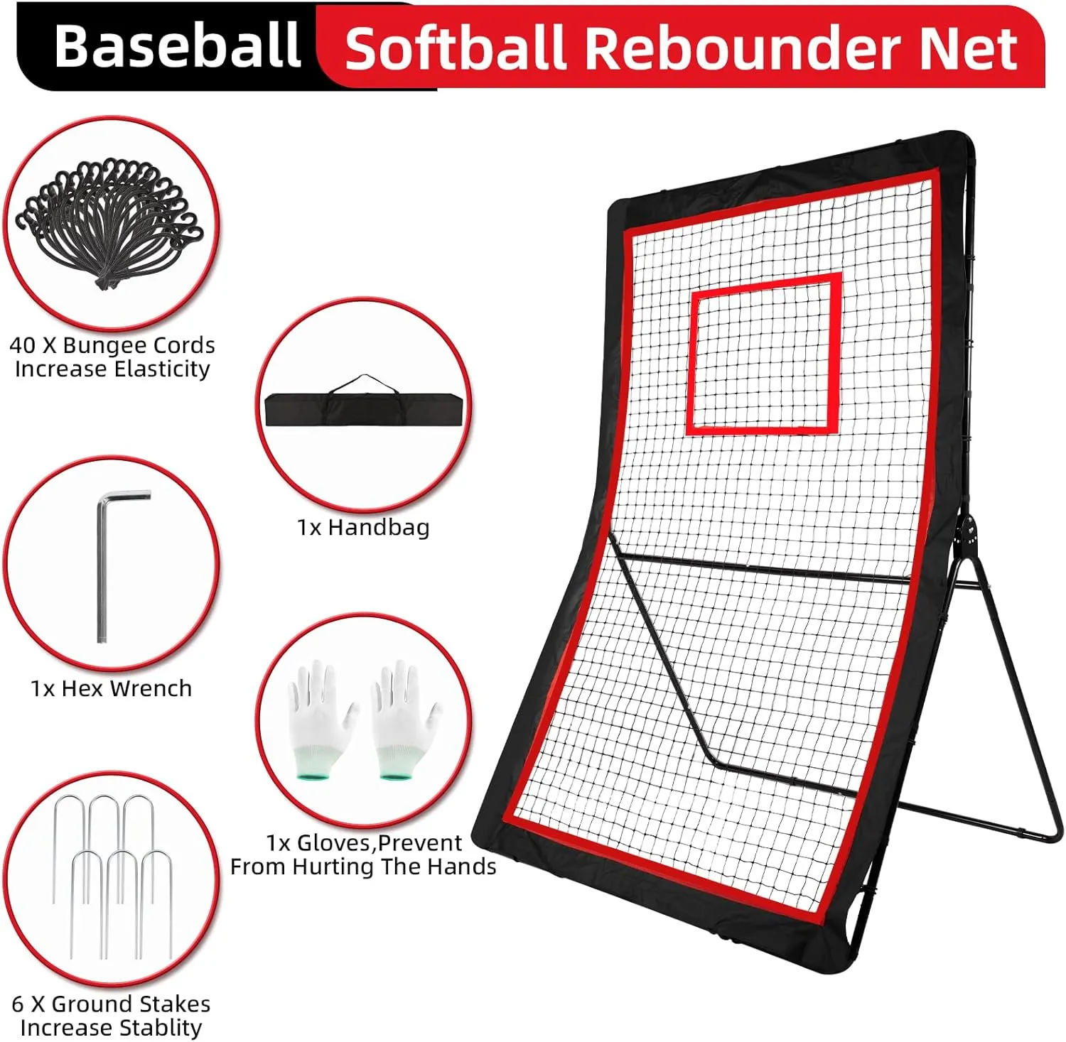 Lacrosse Rebounder,4x7/5x7ft Green/Red Volleyball Rebounder Net with 5 Adjust Angles,1 Carry Bag,Baseball Bounce Back Fix by 6 Ground Stake, Pitch Back for Lacrosse,Volleyball Training