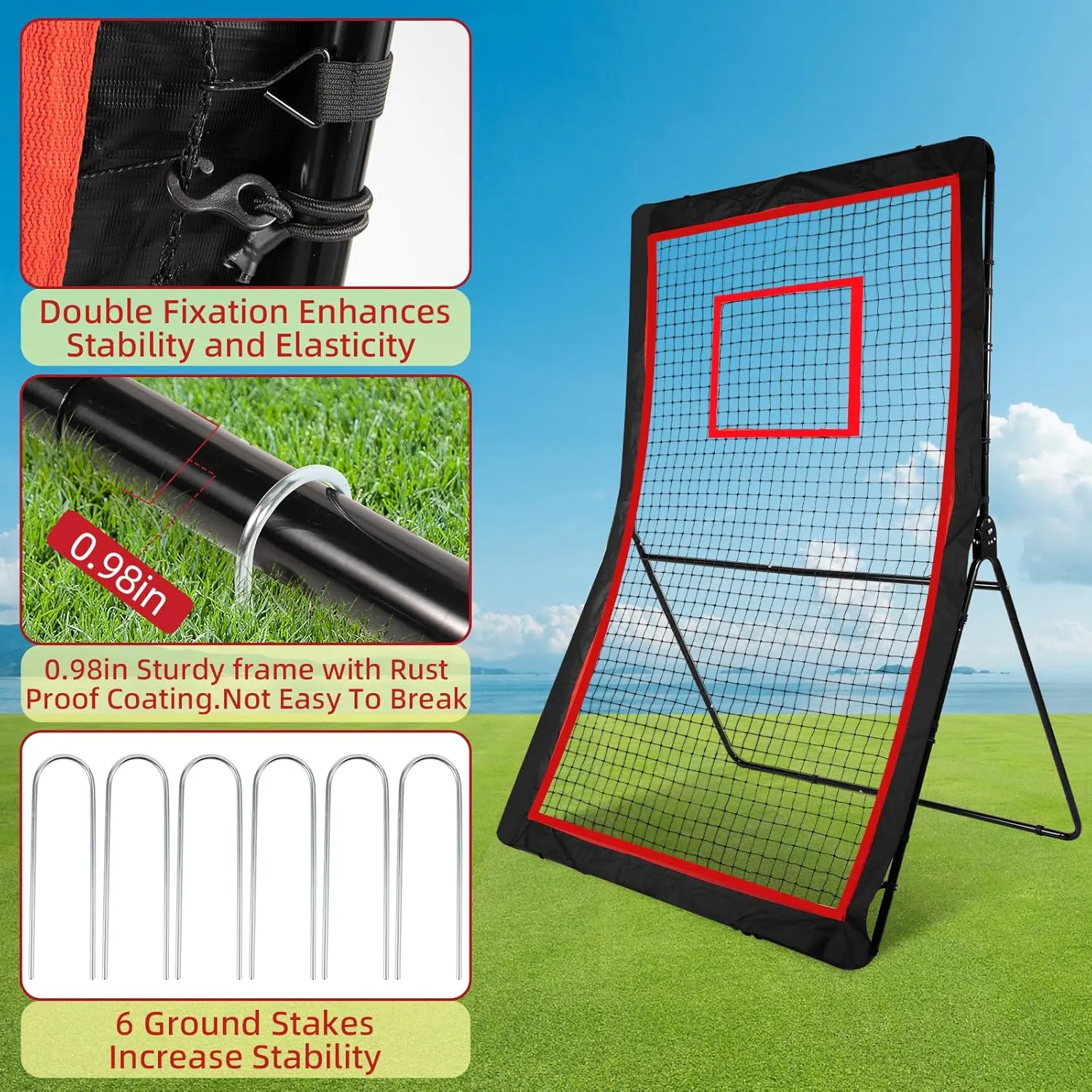 Lacrosse Rebounder,4x7/5x7ft Green/Red Volleyball Rebounder Net with 5 Adjust Angles,1 Carry Bag,Baseball Bounce Back Fix by 6 Ground Stake, Pitch Back for Lacrosse,Volleyball Training