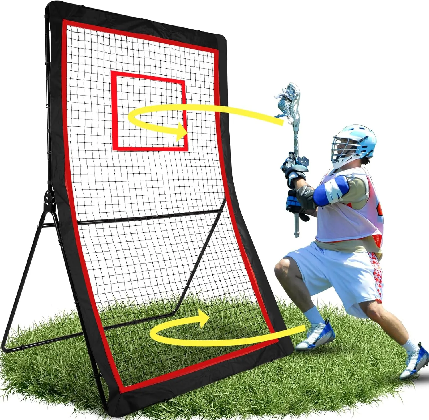 Lacrosse Rebounder,4x7/5x7ft Green/Red Volleyball Rebounder Net with 5 Adjust Angles,1 Carry Bag,Baseball Bounce Back Fix by 6 Ground Stake, Pitch Back for Lacrosse,Volleyball Training